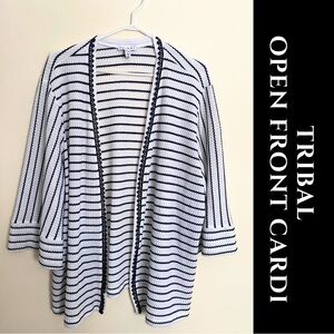 Tribal Black and White Striped Open Front Cardigan